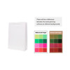 A small white vertical paper bag with a rope handle, featuring a logo and colour swatches for printing options.