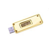 A gold USB flash drive with a metallic finish and a slider button, featuring a logo.