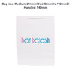 A white medium vertical paper bag with a fabric flat handle, featuring a logo on the front.