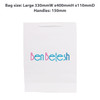 A large white paper bag with a fabric flat handle and a colourful logo printed on the front.