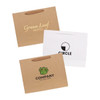 A small brown paper bag with a rope handle, featuring various logos and a white paper bag with a black design.