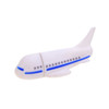 An aeroplane-shaped flash drive in white with blue detailing. It features a logo on its side.