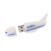 An aeroplane-shaped flash drive in white, featuring blue accents and a logo. The nose section detaches to reveal the USB connector.