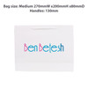 A medium white paper bag with fabric flat handles, featuring a colourful logo. Dimensions are 270mm wide, 200mm high, and 80mm deep.