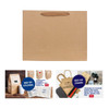 A medium brown paper bag with a fabric flat handle, featuring a logo or branding.