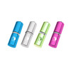 A collection of four lip balm flash drives in blue, silver, green, and pink, each featuring a logo.