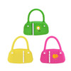 A set of three handbag-shaped flash drives in green, yellow, and pink, each featuring a logo.