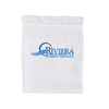 A white cooler lunch bag made of Tyvek, featuring a logo in blue. It has a rectangular shape and zip closure.