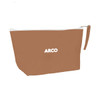 A washable kraft paper cosmetic bag in a warm brown colour with a white zip and a branding logo.