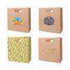 Four brown kraft paper bags with handles, featuring various printed designs and logos in blue and yellow.