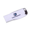A silver mini key flash drive with a logo on one side, featuring a streamlined design.