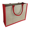 A jute tote bag with a natural beige body and bright red handles and trim, featuring a logo on the side.