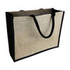 A jute tote bag in natural and black colours, featuring sturdy handles and a spacious interior.