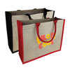Two jute tote bags, one with black handles and edges, the other with red. Both feature a logo on the front.