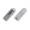Two metallic flash drives with a smooth finish, featuring different logos on each side.