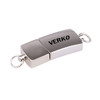 A metallic flash drive with a sleek design, featuring a logo, in silver.