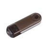 A transparent grey swivel flash drive with a circular button on one side and a USB connector on the other.