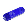 A transparent blue swivel flash drive with a circular end and an engraved logo on the surface.