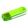 A green transparent swivel flash drive with a metallic connector and a logo.