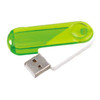A transparent swivel flash drive in green and white, featuring a USB connector and a compact design.