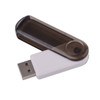 A transparent swivel flash drive in black and white, with a rotating cover and a logo.
