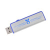 A silver and blue flash drive with a logo on its metallic surface.