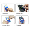A blue and green smart wallet being applied to a phone, with steps showing peeling off, cleaning, sticking back, and final usage.