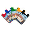 A selection of five phone wallets in red, blue, green, orange, and black, each featuring a logo.