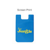 A blue silicone phone wallet featuring a yellow logo and a simple design, suitable for holding cards.