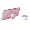 A mobile phone with a white and purple patterned pop holder attached, alongside a matching pop holder.