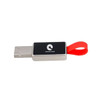 A silver flash drive with a black panel and a red rubber loop, featuring a logo on the front.