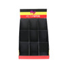 A counter display with nine black pockets and a coloured top section, featuring a logo.