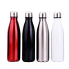 A drink bottle set featuring a red, black, silver, and white 500ml double wall stainless steel design, with metal caps.