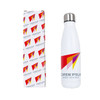 A drink bottle in white stainless steel with a silver lid, packaged in a branded box featuring a colourful design.