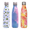 A drink bottle featuring three designs: floral, galaxy, and tropical leaf patterns, with a stainless steel double wall.