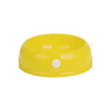 A yellow dog bowl with a rounded design and a logo on the front.