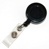 A round, black retractable card holder with a clear attachment for securing badges or ID cards.