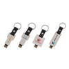 A set of eco-friendly mini flash drive keychains in white with various logos, featuring a black attachment loop.