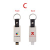 An eco-friendly mini flash drive keychain in a pale shade, featuring logos on both sides.