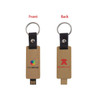 An eco-friendly mini flash drive keychain in beige, featuring logos on both sides and a metal keyring attachment.