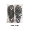 Rubber thongs in camouflage pattern, packaged in clear plastic. Black straps complement the design.