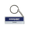 A custom shape acrylic keyring in blue and white with a metal keychain, featuring a logo.
