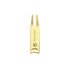 A gold golf divot tool with a logo and a two-pronged design for repairing golf greens.