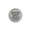 A silver golf ball marker featuring a engraved hand placing a golf ball, with a triangular design and a logo.