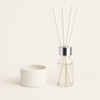 A vanilla reed diffuser with white reeds, housed in a glass bottle with a silver collar, alongside a white container.