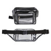A multi-layer transparent waist bag in clear material with black accents and multiple zippered pockets.