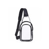 A clear PVC crossbody backpack with black accents and a single adjustable strap. Features a main compartment and smaller front pocket.