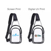 A clear PVC crossbody backpack with black straps, featuring a pocket on the front for storage and logos.