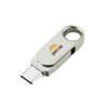 A silver Type-C flash drive with a swivel mechanism and a logo, featuring a circular handle for easy attachment.