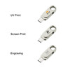 A metallic Type-C flash drive with a swivel design, featuring different printing options and a branding logo.